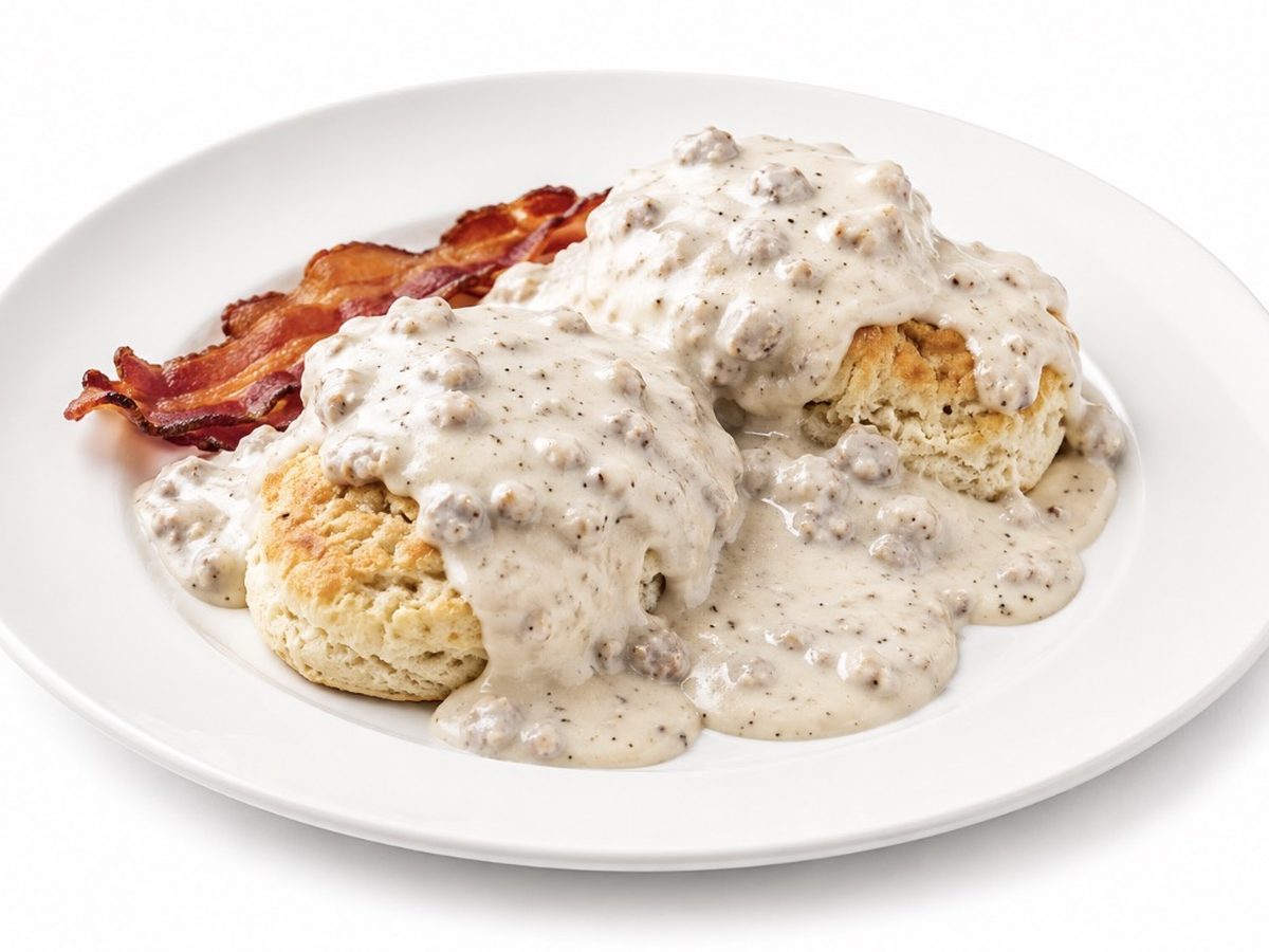 Biscuits and gravy: two buttermilk biscuits under country sausage gravy